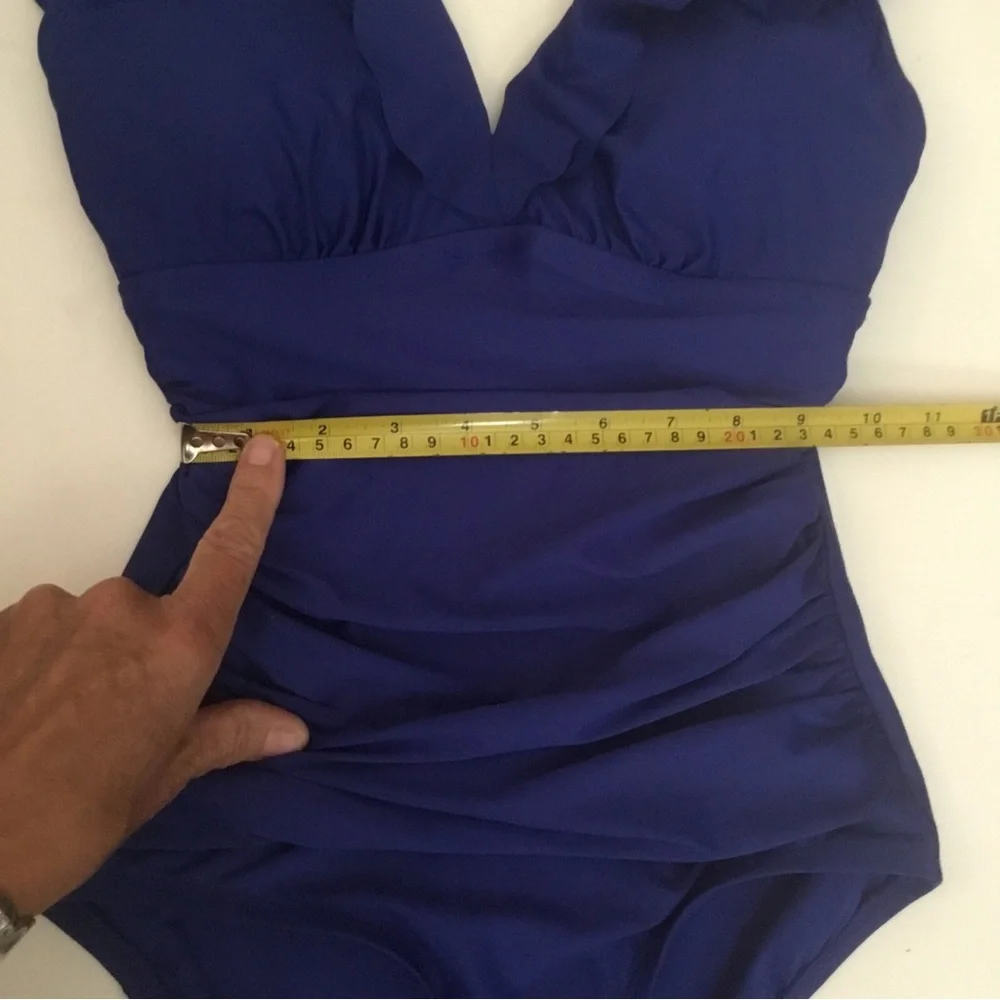 DKNY XS One Piece Blue Bathing Suit Underwire Ruching Swimsuit Swim Ruffle NWOT - Picture 7 of 13